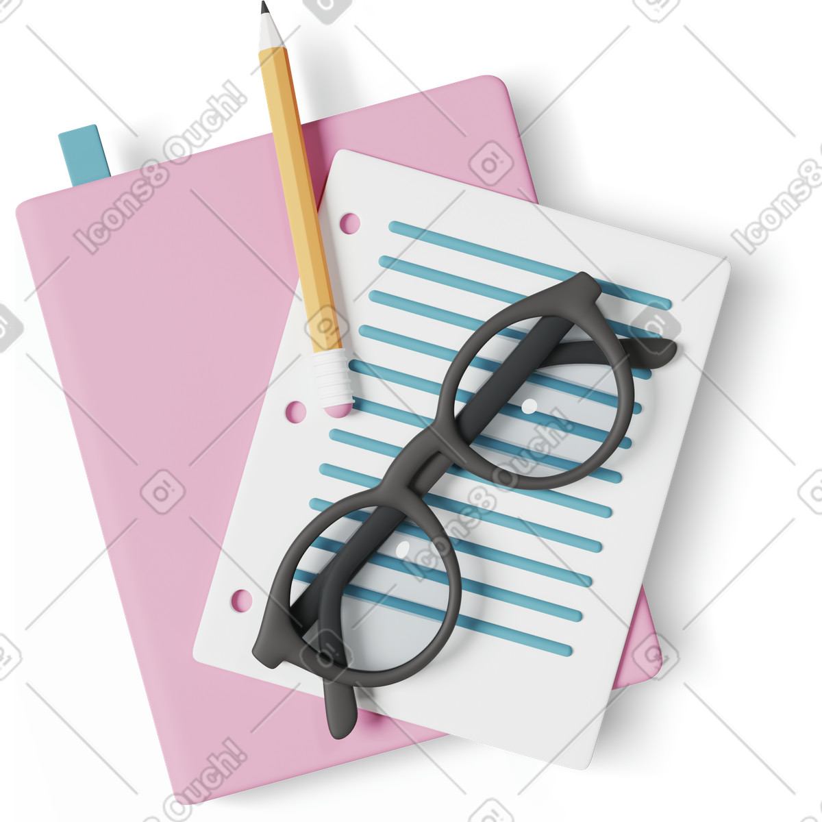 带眼镜和铅笔的笔记本插图，PNG、SVG格式