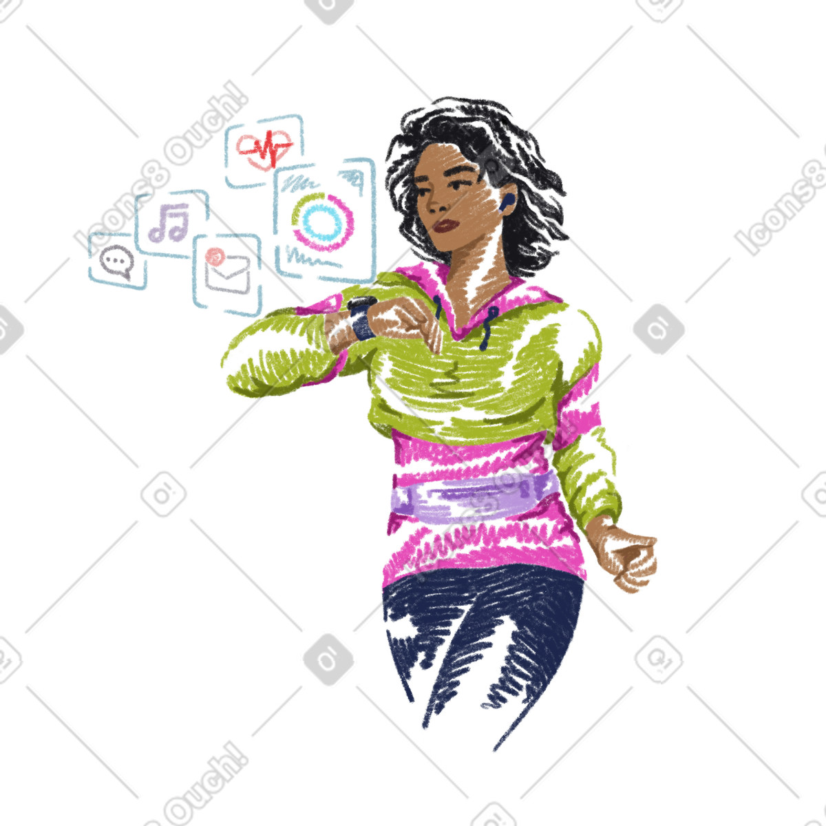 Ilustración Female runner checks a smart watch en estilo Sketchbook descargar en PNG y SVG