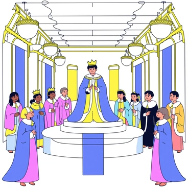 A grand hall filled with intricate architectural details and flowing banners. In the center of the hall, a regal figure stands on a raised platform, adorned in elaborate royal robes. The figure is either a king or a queen, with a majestic crown placed delicately upon their head. Surrounding the platform are elegantly dressed nobles and courtiers, all with expressions of reverence and celebration. The hall is illuminated by large chandeliers hanging from the ceiling, casting a warm glow over the entire scene.