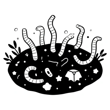 Several earthworms are emerging from a patch of soil that is visibly polluted with chemicals and debris. The soil is dark and cracked, with various pieces of plastic and metal scattered throughout. The earthworms have a textured, segmented appearance as they wriggle out of the contaminated ground. Around the edges of the soil patch, there are signs of wilting plants struggling to survive in the harsh environment. A few droplets of an unidentified substance can be seen on the surface of the soil, highlighting the pollution.