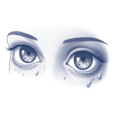 A close-up view of a pair of eyes filled with tears. The tears are large and glistening, with intricate reflections of ocean waves and various sea life visible within them. Each eye shows a deep emotional expression, with the eyelashes appearing long and delicate. The surrounding skin is softly textured and slightly glistening, enhancing the focus on the eyes and their reflective details. The scene captures a poignant moment, emphasizing the connection between the tears and the ocean imagery contained within.