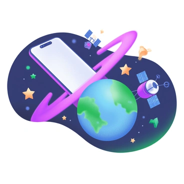 A 3D illustration features a "phone" with a sleek design, orbiting a "small planet" that has a textured surface in various shades of blue and green. Surrounding the planet are several "tiny satellites" depicted as small, geometric shapes with antennas, and numerous "stars" scattered across the dark background. The scene conveys a sense of motion and space, with the phone prominently in focus as it revolves around the planet.