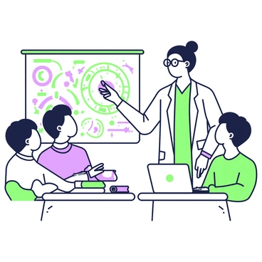 A professor with glasses and a neat hairstyle is standing in a modern classroom filled with students. She is wearing a white lab coat over her business attire. In her right hand, she holds a marker as she points at a large, detailed diagram on a whiteboard. The diagram illustrates complex biological processes with clearly labeled sections and arrows showing interactions. Around the professor, there are students sitting at desks, some taking notes while others are looking at the board with expressions of curiosity. A laptop and a few biology textbooks are visible on the desks in front of the students.
