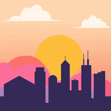 A city skyline featuring silhouettes of various buildings against a backdrop of a sunset. The sky is filled with warm colors such as orange, pink, and purple, blending seamlessly as the sun sets on the horizon. The outlines of skyscrapers, rooftops, and antennas create an interesting skyline silhouette. Fluffy clouds are scattered across the sky, catching the vibrant colors of the sunset.