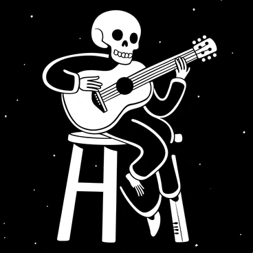 A detailed skull positioned on a wooden stool, holding an acoustic guitar. The skull has intricate carvings along its surface, with shadows accentuating its features. The guitar is resting against the skull's bony structure, while the skull's hands grip the neck of the guitar, poised as if about to strum. The scene is set against a dark, textured background, enhancing the contrast of the elements.