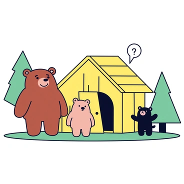 Three bears standing outside their house, looking surprised. The first bear is a large brown bear with a puzzled expression, the second is a smaller bear with light brown fur and wide eyes, and the third is a tiny bear with dark fur. Their cottage is made of wood, and the door is slightly open, revealing a glimpse of the interior. The surrounding area includes trees and a green meadow, creating a simple yet inviting atmosphere.