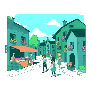 A teal quaint village with cobblestone streets under a clear blue sky. The streets are lined with charming houses, each adorned with vibrant flower-filled window boxes overflowing with colorful blooms. Friendly locals can be seen chatting with each other, some are tending to their gardens, while others walk leisurely down the picturesque streets. A small orange market stall is visible in the background, displaying fresh produce and handmade goods. The scene captures the warmth and character of village life.
