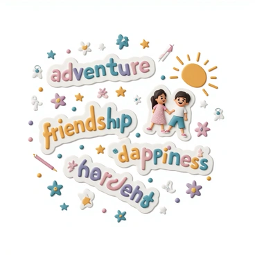 A collection of whimsical stickers arranged in a collage format. Each sticker displays a different word or phrase, including "adventure" in colorful letters surrounded by stars and a compass, "friendship" depicted with two smiling cartoon characters holding hands, and "happiness" written in a vibrant font with a bright sun and cheerful flowers. The background is filled with playful doodles and patterns, enhancing the joyful and lighthearted theme of the collage.