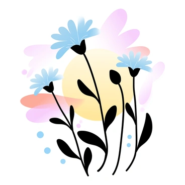 Cornflowers with delicate petals are silhouetted against a "vibrant sunset sky." The sky is filled with gradient pastel colors transitioning from warm oranges and yellows near the horizon to soft pinks and purples higher up. The dark outlines of the cornflowers create a striking contrast against the colorful backdrop. The stems are slender, and the flowers bloom outward, adding depth to the composition. The scene captures the tranquil beauty of nature at dusk.
