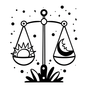 A scale positioned in the center of the image, featuring "a sun" on one side and "a moon" on the other side, both depicted with intricate details. The scale is perfectly balanced, with the sun and moon at equal heights. There are decorative elements surrounding the base of the scale, such as flowing lines and ornate patterns. The background is filled with stylized stars and celestial motifs, enhancing the theme of balance between day and night.