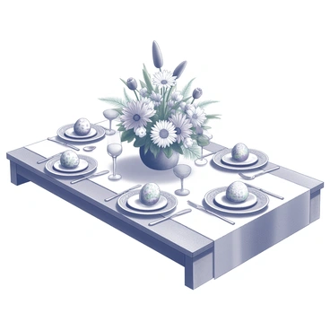 A wooden table is arranged for Easter dinner. The table is covered with a white tablecloth, and there are elegant dinner plates placed at each setting. Each plate has a beautifully decorated egg on it, featuring intricate patterns and designs. In the center of the table, there is a large floral centerpiece composed of an assortment of flowers, including daisies and tulips. Fresh greenery surrounds the flowers, adding texture to the arrangement. There are sparkling glasses and polished cutlery neatly arranged beside each plate, creating a festive and inviting atmosphere for the meal.