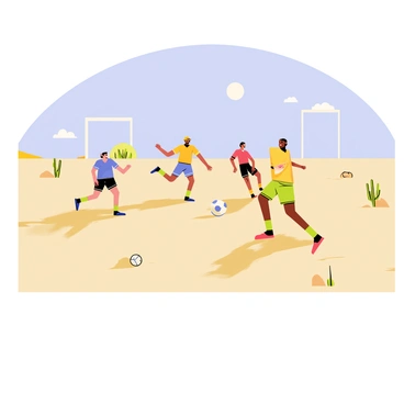 A desert scene depicting a soccer match taking place on a sandy field under a clear blue sky. Players are wearing colorful lightweight jerseys in various shades, with some in red, blue, and green, showcasing their team colors. One player is mid-kick, while another is ready to defend. The sun casts distinct shadows on the ground, highlighting the players' movements. In the background, a few sparse cacti and rocks are visible, providing context to the arid environment. A soccer ball is positioned in the center of the action, emphasizing the competitive spirit of the match.