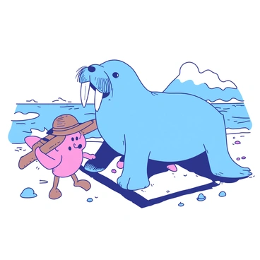 A blue walrus with large tusks is walking alongside a pink carpenter on a sandy beach. The walrus has a friendly expression, and its whiskers are slightly waving in the breeze. The carpenter, wearing a brown hat and holding a wooden plank, has a cheerful demeanor. The sandy beach is dotted with small seashells and smooth pebbles. In the background, gentle waves are lapping at the shore, and a clear sky stretches overhead.