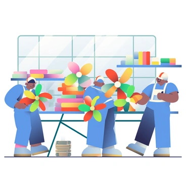 A small factory interior is filled with workers assembling colorful pinwheels. The workers, wearing bright blue uniforms, are focused on their tasks, carefully attaching vibrant blades in shades of red, yellow, and green to white plastic centers. Each pinwheel is being placed in neat stacks on a nearby workbench. The factory walls are lined with large windows that allow natural light to flood the space, illuminating the cheerful colors of the pinwheels. In the background, there are shelves stocked with materials, including rolls of colorful paper and small wooden sticks. The atmosphere is busy and productive, showcasing the teamwork involved in creating the playful toys.