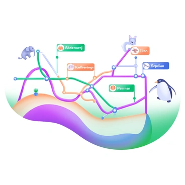A modern pastel illustration of a subway map designed for an animal kingdom. The map features vibrant lines representing different subway routes, with various animal species as station names. Each station is illustrated with a small icon representing the corresponding animal, such as a lion, elephant, or penguin. The background is a soft pastel gradient, and the lines intertwine, creating a complex network. Clear labels show the station names in playful fonts, enhancing the whimsical feel of the design.