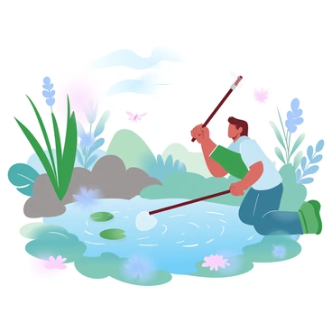 A gardener skimming leaves off a tranquil pond surrounded by lush greenery