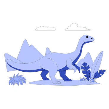 A low-poly dinosaur is roaming across a prehistoric landscape. The dinosaur features angular shapes and distinct geometric forms, with a prominent tail and large limbs. In the background, there are rugged mountains and scattered vegetation, including large ferns and palm-like trees. The ground is uneven, with patches of dirt and rocks. The sky above is vast and open, dotted with a few stylized clouds.