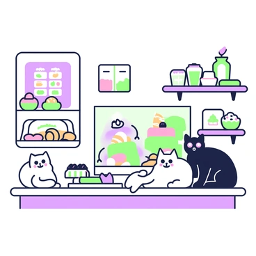 A cozy bakery interior filled with an assortment of cakes and pastries. On the counter, there are colorful cakes, neatly arranged in layers with frosting decorations. Next to the cakes, a variety of pastries such as croissants and eclairs are displayed in shiny glass cases. Two cats are lounging on the counter; one is a fluffy white cat with bright eyes, sitting among the pastries, while the other is a sleek black cat standing next to a small pink cake. The walls of the bakery are adorned with shelves holding jars of ingredients and more baked goods. A warm light illuminates the scene, creating a welcoming atmosphere.