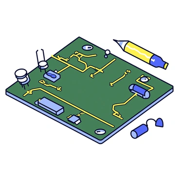 A circuit board with a dark green surface is displayed prominently. The board is filled with intricate pathways and connections, featuring thin copper traces that glisten under a light. New pathways are being added, appearing as bright yellow lines that contrast sharply with the green background. Small metallic components, such as resistors and capacitors, are also visible, some partially attached to the board, with tiny wires connecting them to the new pathways. A few miniature tools, like a soldering iron, can be seen nearby, indicating the process of modification in action.