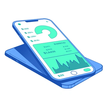 A blue smartphone is positioned on a sleek white surface. The screen of the smartphone prominently displays the interface of a popular stock market app, with various graphs and charts showcasing stock performance. Small icons indicating stock symbols are visible alongside the price changes, and the app's color scheme features a mix of teal and white for clarity. The overall composition highlights the smartphone as the focal point of the image.