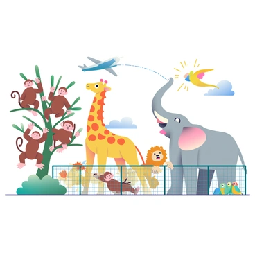 Various zoo animals are depicted in their enclosures reacting to a sonic boom. A group of monkeys with brown fur is clinging to the branches, their eyes wide open and ears perked up in surprise. Nearby, a tall giraffe with a spotted coat is stretching its neck, looking up with curiosity towards the sky. An elephant with large ears is flapping them and raising its trunk, trumpeting softly. In the background, a lioness with a golden mane is standing alert, her gaze fixed on the disturbance. Colorful parrots in a cage are squawking and fluttering their wings in agitation. The scene captures the moment of unexpected commotion as the jet passes overhead, creating a dynamic atmosphere.
