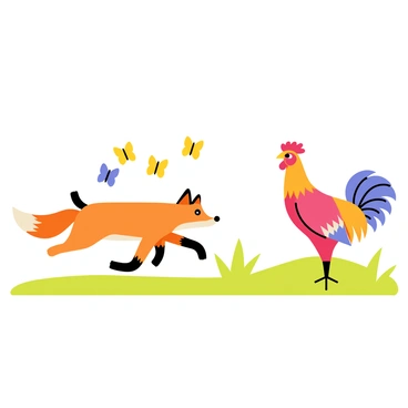A lively orange fox with a bushy tail is playfully chasing vibrant yellow and blue butterflies in a green meadow. The butterflies flutter around the fox, creating a dynamic scene filled with motion. Nearby, a proud red rooster with a glossy beak stands on a patch of grass, observing the fox with a curious expression. The rooster's feathers are bright and detailed, contrasting with the soft green of the grass and the colorful butterflies, adding to the playful atmosphere of the illustration.