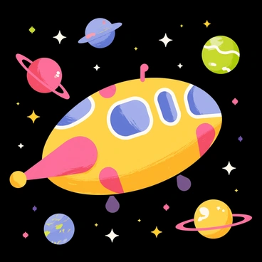 A whimsical spaceship with a rounded body and bright colors is flying through a galaxy. The spaceship has large, cartoonish windows and vibrant, swirling patterns on its surface. In the background, there are colorful stars in various sizes scattered across the dark space. Several planets of different colors and sizes, such as a red planet with rings, a blue planet with swirling clouds, and a yellow planet dotted with small craters, are visible in the scene. The overall atmosphere is lively and imaginative, capturing the essence of an adventure in space.