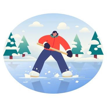 A picturesque frozen lake is covered with a smooth layer of ice reflecting the clear blue sky. In the foreground, a person with dark hair is wearing a red winter jacket and black gloves, actively smashing through the ice with a sturdy wooden stick. The person's legs are positioned apart for balance, and shards of ice are flying from the point of impact. Surrounding the lake, there are snow-covered trees standing tall, and a few fluffy white clouds drift lazily above. The sunlight sparkles on the surface of the ice, creating a glistening effect throughout the scene.