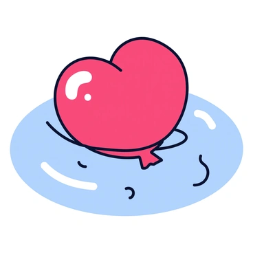 A heart-shaped balloon with a vibrant red color is slowly deflating, showing a slight crinkle in its surface. The balloon is partially submerged in a clear blue body of water, with ripples spreading outwards from where it touches the surface. The water reflects light, creating shimmering patterns around the sinking balloon. Small bubbles can be seen rising from the balloon as it descends further into the water.