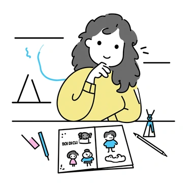 A woman named "Martha" is sitting at a desk, her chin resting on her hand, with a focused expression. She has long, wavy hair and is wearing a cozy sweater. In front of her is an open sketchbook filled with "Throtem" illustrations, showcasing various designs and characters. A pencil is loosely held in her other hand, and there are colored pencils scattered around her workspace. The background features a soft light coming from a nearby window, illuminating the desk and creating a calm atmosphere.
