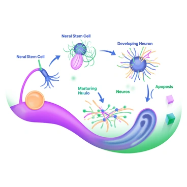 Illustration showing the lifecycle of a brain cell from creation to apoptosis