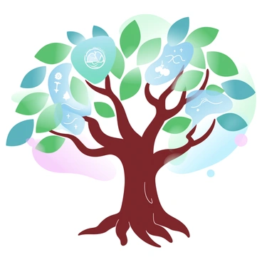 A large tree with a sturdy trunk and sprawling branches is standing prominently in the foreground. The branches are adorned with vibrant green leaves, each leaf showcasing different AI-generated illustrations. The illustrations include abstract geometric shapes, whimsical landscapes, and intricate patterns, all uniquely designed. The background features a gradient of pastel colors that blend harmoniously, enhancing the overall visual appeal of the scene. The tree's roots are visible, intertwining with the ground, adding depth to the environment.