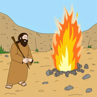 Moses, a man with a long beard and wearing simple robes, stands on a rugged, rocky mountainside. He gazes in awe at a "bush engulfed in flames," which emits bright, flickering light but remains unburned. The atmosphere around him is charged with a sense of wonder. Surrounding the scene, there are scattered rocks and patches of dry grass, with a clear blue sky overhead. Moses holds a wooden staff in his right hand, and his expression reflects surprise and reverence as he approaches the miraculous sight.