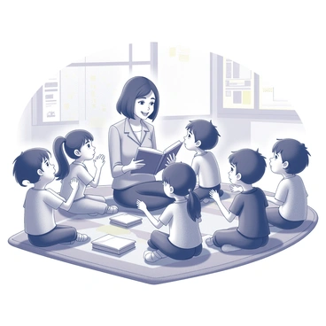 A teacher is sitting on a colorful carpet in a classroom filled with young children. The teacher is holding an open book, engagingly reading a fairy tale. The children are seated in a semi-circle around the teacher, listening attentively with expressions of wonder. Some of the children's hands are raised, eager to ask questions or share their thoughts. A few books are scattered on the carpet, and soft cushions are placed around for comfort. The classroom has a warm and inviting atmosphere, with posters and educational materials on the walls.
