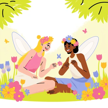 Two twin fairies with matching pastel-colored outfits are sitting together in a sunny glade. Each fairy has delicate, translucent wings that shimmer in the light. They are carefully weaving vibrant flowers into beautiful crowns, surrounded by an array of colorful blooms. The sunlight filters through the trees, casting a warm glow on their joyful faces as they share laughter and creativity. Small butterflies flutter around them, adding to the enchanting atmosphere of the scene.