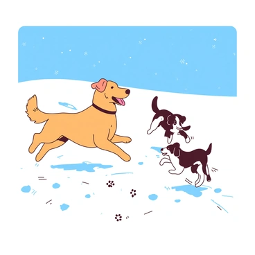 A white snowy landscape is filled with several playful dogs of different breeds. One large golden retriever jumps joyfully, while a small black and white beagle runs energetically beside it. The dogs are caught mid-leap, their fur glistening with snowflakes. In the foreground, numerous paw prints can be seen trailing behind each dog as they frolic across the untouched snow. The sky above is bright blue, creating a contrast with the white snow and the dogs' colorful fur.