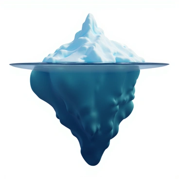 An iceberg floating on the water, revealing only a small visible tip that is icy blue and white in color. The tip is sharply pointed and glistens with sunlight. Below the surface, a massive, irregularly shaped structure extends, composed of intricate layers of ice. The underwater portion is mostly hidden, giving an impression of great depth and size. The surrounding water is a deep, dark blue, contrasting with the bright colors of the iceberg tip. There are small ripples and waves around the base of the iceberg, indicating movement in the water.