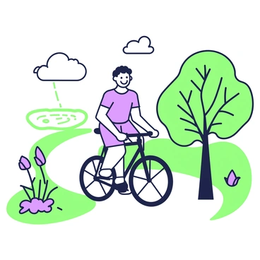 A person is riding a bicycle along a winding path in a park. The cyclist has a joyful expression and is wearing a casual outfit, including a t-shirt and shorts. Surrounding the cyclist, there are trees with intricate leaves, and a few fluffy clouds can be seen in the sky above. On one side of the path, a variety of flowers with unique shapes bloom. In the background, there is a distant view of a small pond with gentle ripples on the surface.