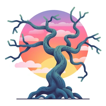 A gnarly old tree with twisting branches and roots, set against a sunset sky