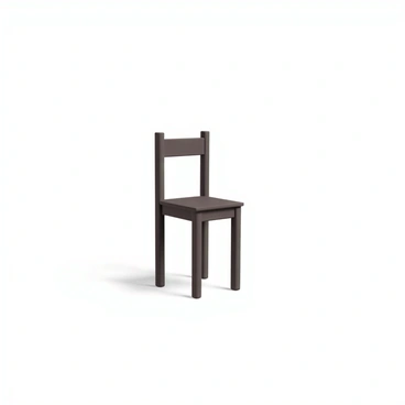 A wooden chair with a dark brown finish stands in the center of a vast, empty white space. The chair has a simple design with a straight back and four sturdy legs. Soft shadows are cast underneath the chair, creating a subtle contrast against the bright ground. There are no other objects or distractions in the scene, highlighting the isolation of the chair.