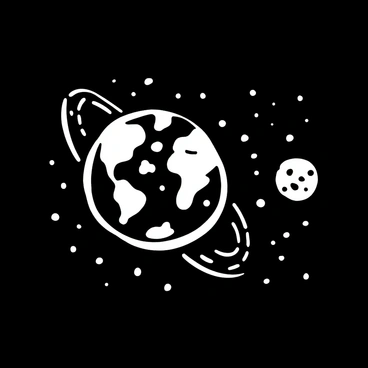 An illustration of "the Earth" and "the Moon" floating in space, with the Earth depicted as a large sphere with continents and swirling clouds visible on its surface. The Moon is positioned nearby as a smaller, cratered sphere. A series of dotted lines or an arc could connect the two, symbolizing their gravitational relationship. The background is filled with stars scattered across the black space, enhancing the focus on the celestial bodies.