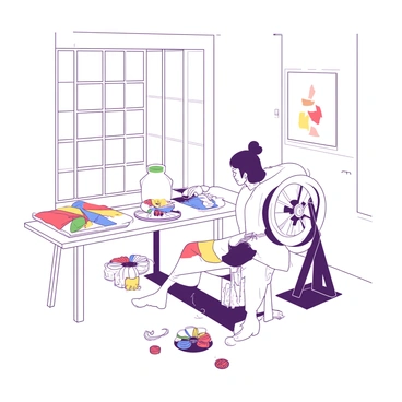A white contemporary artist is seated at a modern spinning wheel in a bright, minimalistic studio. The artist is focused, gently guiding a colorful piece of yarn as it spins around the wheel. Surrounding the artist, there are clean white walls and large windows that let in plenty of natural light. On a nearby table, there are various tools and colorful threads arranged neatly, creating a vibrant contrast to the overall white environment.