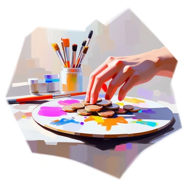 A close-up of an artist's hand with light skin, delicately arranging an assortment of shiny coins on a painter's palette. The hand is positioned gracefully, with fingers gently placing the coins in a visually appealing pattern. The palette is made of wood, showing splatters of vibrant paint colors such as red, blue, and yellow. The background features a blurred array of painting supplies like brushes and tubes of paint, creating an artistic atmosphere.