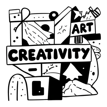 A black-and-white collage composed of various magazine clippings arranged artistically. The collage includes the words "Art" and "Creativity" prominently displayed among overlapping shapes and patterns. There are several different illustrative styles represented, including geometric designs, abstract shapes, and detailed line drawings. The overall composition is dynamic, with layers of clippings creating depth and texture throughout the artwork.