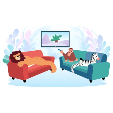A large indoor zoo exhibit features various wild animals lounging comfortably on colorful sofas. A lion is sprawled out on a plush red couch, its mane flowing over the edge. Nearby, a playful monkey is perched on the armrest of a blue sofa, reaching for a remote control. A zebra is lounging on a green sofa, its stripes contrasting against the fabric. In the center, a large flat-screen TV is mounted on the wall, displaying a nature documentary. The exhibit is filled with vibrant indoor flora, adding a lush background to the scene.