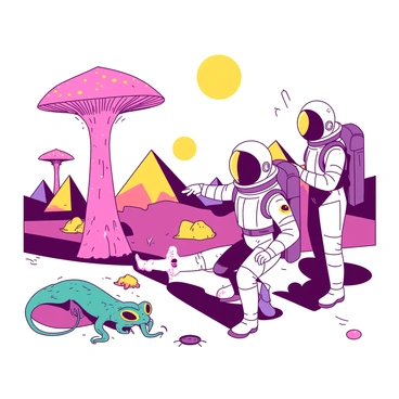 A group of astronauts in futuristic suits is exploring a vibrant alien landscape on a distant planet. The sky is filled with two suns giving off a warm, yellow glow. In the foreground, one astronaut is kneeling and examining a small, teal alien creature that has large, expressive eyes and three tentacle-like appendages. Another astronaut is standing nearby, pointing towards a towering, pink plant that resembles a giant mushroom, with luminescent spots scattered across its surface. In the background, colorful mountain ranges rise against the horizon, and various alien life forms can be seen interacting with the environment, adding to the sense of discovery. The scene captures the excitement of space exploration and the beauty of unknown worlds.