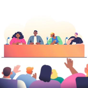 A panel discussion is taking place on a stage with a backdrop featuring soft, warm colors. Four renowned illustrators are seated behind a long wooden table, each with their own microphone in front of them. The first illustrator, a woman with curly black hair wearing a bright red blouse, is speaking animatedly. Next to her, a man with glasses and a plaid blazer is nodding in agreement, his hands resting on the table. On the other side, a woman with short blonde hair wearing a blue dress is taking notes, while a man with a beard and a black t-shirt is leaning forward, engaged in the conversation. In the foreground, an audience can be seen, captivated by the discussion, with some individuals raising their hands to ask questions. The soft lighting creates an inviting atmosphere.
