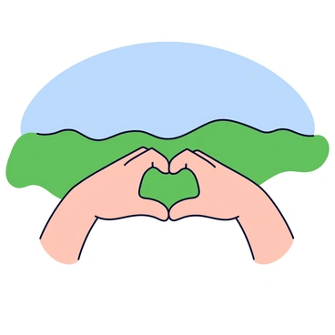 A pair of hands forming a heart shape. The hands are slightly open and positioned in the center of the image. In the background, there are rolling mountains that stretch across the horizon. The mountains have soft, rounded peaks and are covered with a simple green hue, indicating a lush landscape. A clear blue sky is visible above the mountains.