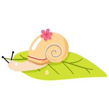 A small snail with a shiny, spiraled shell is carrying a delicate pink flower atop its shell. The snail is slowly crawling across a vibrant green leaf, with visible veins and droplets of water on its surface. The scene is bright and cheerful, with the sun casting soft shadows around the snail and leaf.