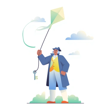 A simplified sketch shows Benjamin Franklin holding a wooden kite with a large, diamond-shaped sail made of light fabric. He is wearing an 18th-century outfit, including a long coat and a tricorn hat. Attached to the kite string is a metal key, glinting in the sunlight, positioned just below the kite. The background features a few soft clouds scattered in a blue sky, with hints of a grassy landscape below. Franklin's expression is one of curiosity and excitement as he looks up at the kite flying high.